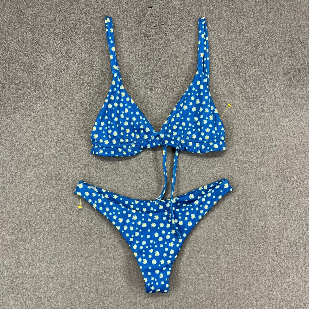 ZAFUL Bikini Set Womens Size 8 Blue Daisy Floral Ribbed Triangle High Cut Swim